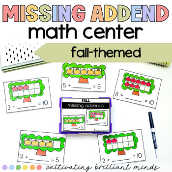Preview of Fall Missing Addends Math Center | Addition to 5, Addition to 10 | Autumn
