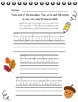 Preview of Fall Months of the Year CUTE! Handwriting & Spelling Practice Pre-K Elementary