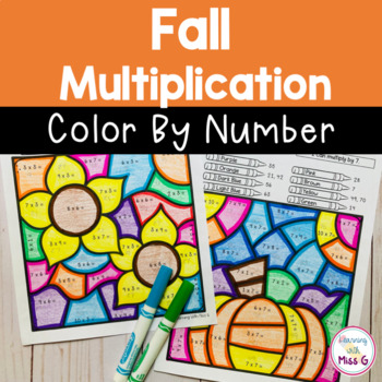 Preview of Fall Multiplication Color By Number Worksheets - Math Activity 
