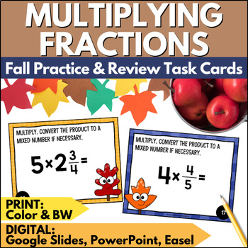 Preview of Fall Multiplying Fractions & Mixed Numbers Task Cards - Autumn Review Activity