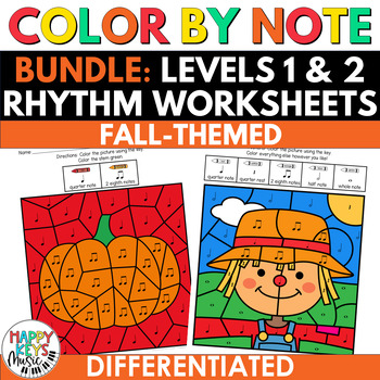 Preview of Fall Music Coloring Pages - Color by Note Rhythm Worksheets Bundle