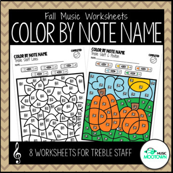 Preview of Fall Music Worksheets: Color by Note Name - Treble Staff