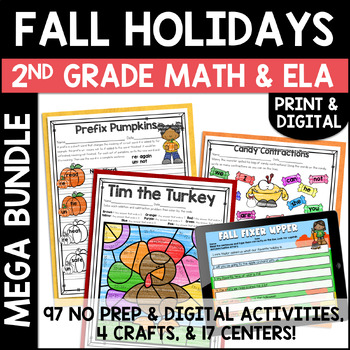 Preview of Fall Math Reading Writing Mega Bundle Activities Worksheets 2nd Grade