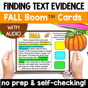 Preview of Fall Finding Citing Text Evidence Reading Boom Cards Task Cards with Audio