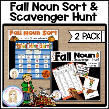 Preview of Fall Noun Sort with Pictures and Scavenger Hunt for First Grade 2 Pack
