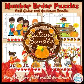 Preview of Fall Ordering Numbers Puzzle Bundle for Autumn Math Centers {color and outlined}