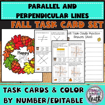 Preview of Fall Parallel and Perpendicular Lines | Task Cards | Color by Number | Editable