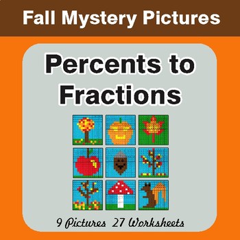 Fall: Percents to Fractions - Color-By-Number Math Mystery Pictures