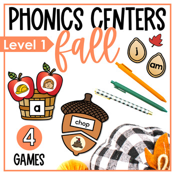 Preview of Fall Phonics Games and Centers - Level 1 | Short Vowels | Digraphs | Fall CVC