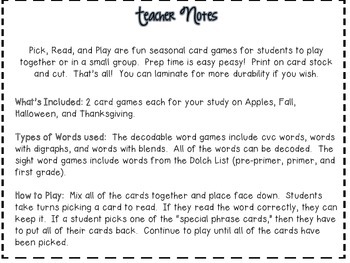 Fall Pick, Read, and Play by An Apple a Day in First Grade | TPT