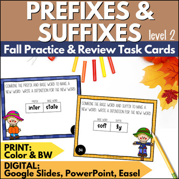Preview of Fall Prefixes & Suffixes Task Cards - Autumn Vocabulary Practice & Review -Set 2