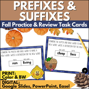Preview of Fall Prefixes & Suffixes Task Cards - Autumn Vocabulary Review & Practice Set 1
