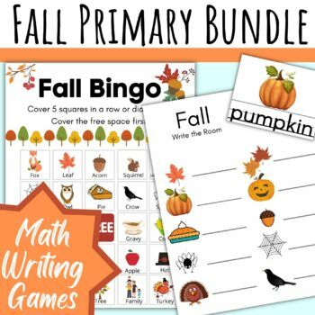 Preview of Fall Primary Bundle - Turkey & Pumpkin Writing, Math, Games, Write the Room