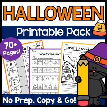 Preview of Halloween Math & Literacy Activities Worksheets Kindergarten NO PREP