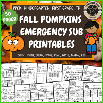 Preview of Fall Pumpkins Morning Worksheets Sub Plans PreK Kindergarten First Grade TK UTK