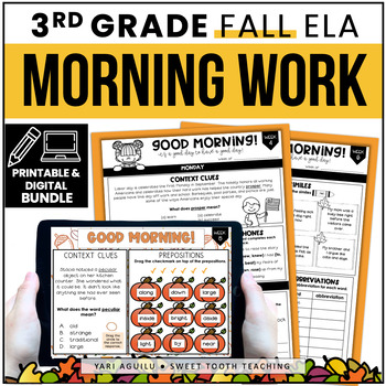 Preview of 3rd Grade Morning Work Daily ELA Review Activities | Fall | Printable & Digital