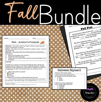 Preview of Fall Rhyming, Mad Libs, and Author's Purpose Worksheets - Second & Third Grade