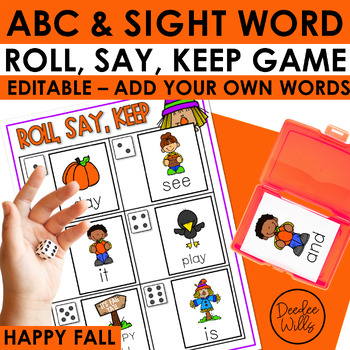 Preview of Editable Sight Word Games and ABC Center Activity | Roll, Say, Keep Fall