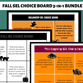 Preview of Fall SEL Choice Board Bundles (Halloween, Autumn, and Thanksgiving) | NO PREP