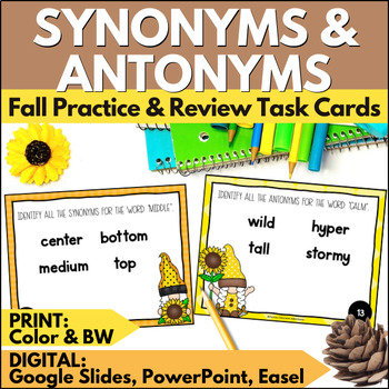 Preview of Fall Season Synonyms & Antonyms Task Cards - Autumn Vocabulary Practice & Review
