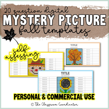 Preview of Fall Self Assessing Mystery Picture Templates Google Sheets Digital