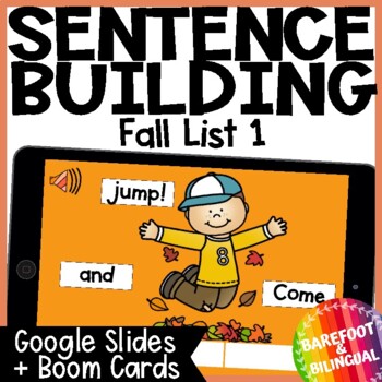 Preview of Fall Sentence Building Boom Cards ™ & Google Slides ™ List 1 Pumpkins Apples