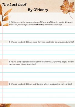 Preview of Fall Short Story Fun - Worksheet for "The Last Leaf" by O'Henry