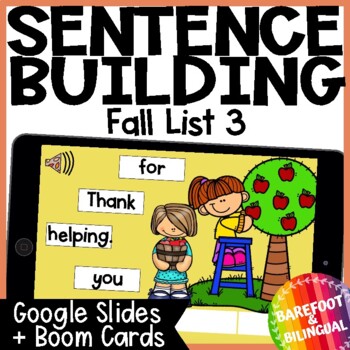 Preview of Fall Sight List 3 Word Sentence Building Boom Cards ™ & Google Slides ™ Pumpkins