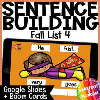 Preview of Fall Sight List 4 Word Sentence Building Boom Cards ™ & Google Slides ™ Leaves