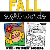 Fall Sight Word Coloring Pre-Primer Words Color by Code Nu