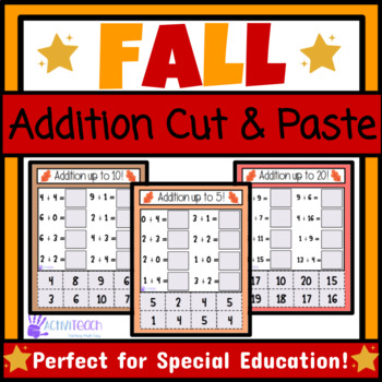 Preview of Fall Simple Addition Cut & Paste Worksheets | Halloween Fall Math Basic Facts