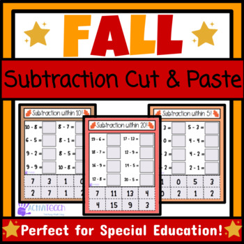 Preview of Fall Simple Subtraction Cut & Paste Worksheets | Halloween Fall Math Basic Facts