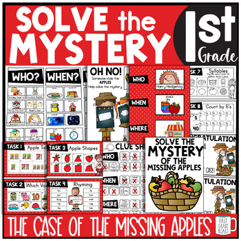 Preview of Fall Solve the Mystery Math & ELA Task Card Activity Case of the Missing Apples