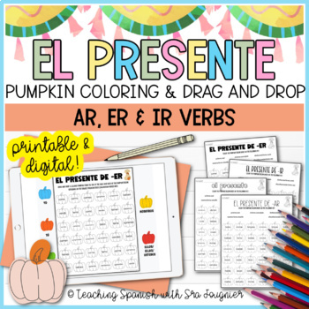 Preview of Fall Spanish Present Ar Er Ir Verbs Drag and Drop Coloring Activity