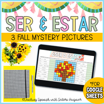 Preview of Fall Spanish Ser and Estar Mystery Images Spanish Conjugation Activity