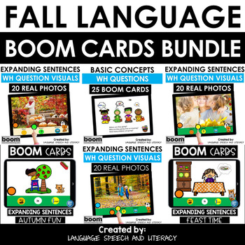 Preview of Fall Speech Therapy Boom Cards Real Photos, WH Questions, Expand Sentences, MLU