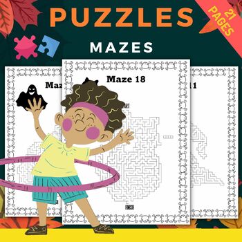 Preview of Fall Spooky Puzzles Mazes With Solutions - Fun October November Games Activities