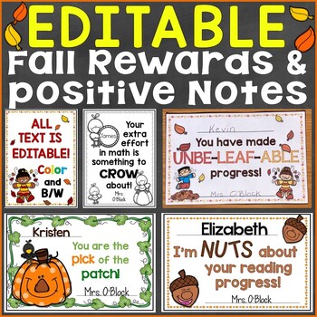 Preview of Fall & Halloween Student Reward Certificates & Notes (EDITABLE)