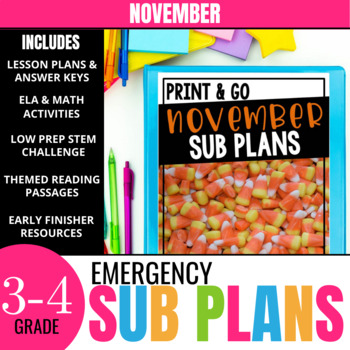 Preview of Fall Sub Plans for 3rd-4th Grade: Ready-to-go November lesson plans & activities