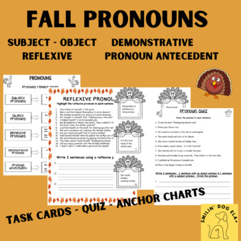 Preview of Fall Subject & Object Pronoun Task Cards & Quiz Reflexive, Demonstrative Pronoun