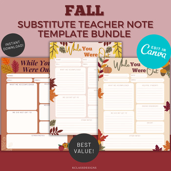 Preview of Fall Substitute Note Bundle | Substitute Teacher Report | While You Were Away