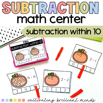 Preview of Fall Subtraction Within 10 Math Center | Pumpkin Seeds | Kindergarten, 1st Grade