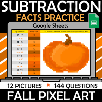 Preview of Fall Subtraction facts practice, Digital Back to School Pixel Art Subtraction