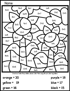 Fall Sunflower Color By Number Addition Pictures by Mrs Frog | TpT