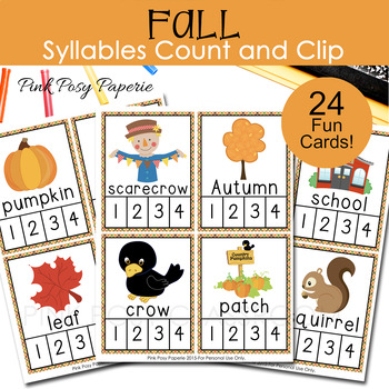Preview of Fall Syllables Count and Clip Cards - Literacy Center - Autumn Activity