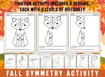 Preview of Fall Symmetry Worksheet, Autumn, Halloween, Thanksgiving, Math Art Activity