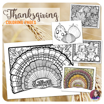 Preview of Fall & Thanksgiving Coloring Pages with turkeys, pumpkins, scarecrows