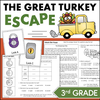 Preview of Fall Thanksgiving Turkey ESCAPE ROOM ELA Math 3rd Grade Rounding Multiplication