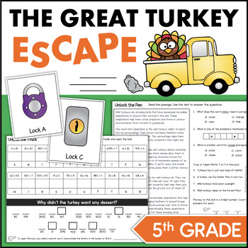 Preview of Fall Thanksgiving Turkey ESCAPE ROOM ELA & Math 5th Grade Decimals Fractions