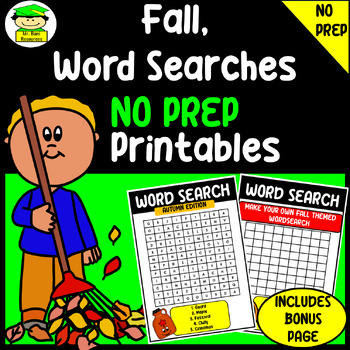 Preview of Fall, Thanksgiving, Word Search Activities: NO PREP Printables PLUS BONUS PAGE